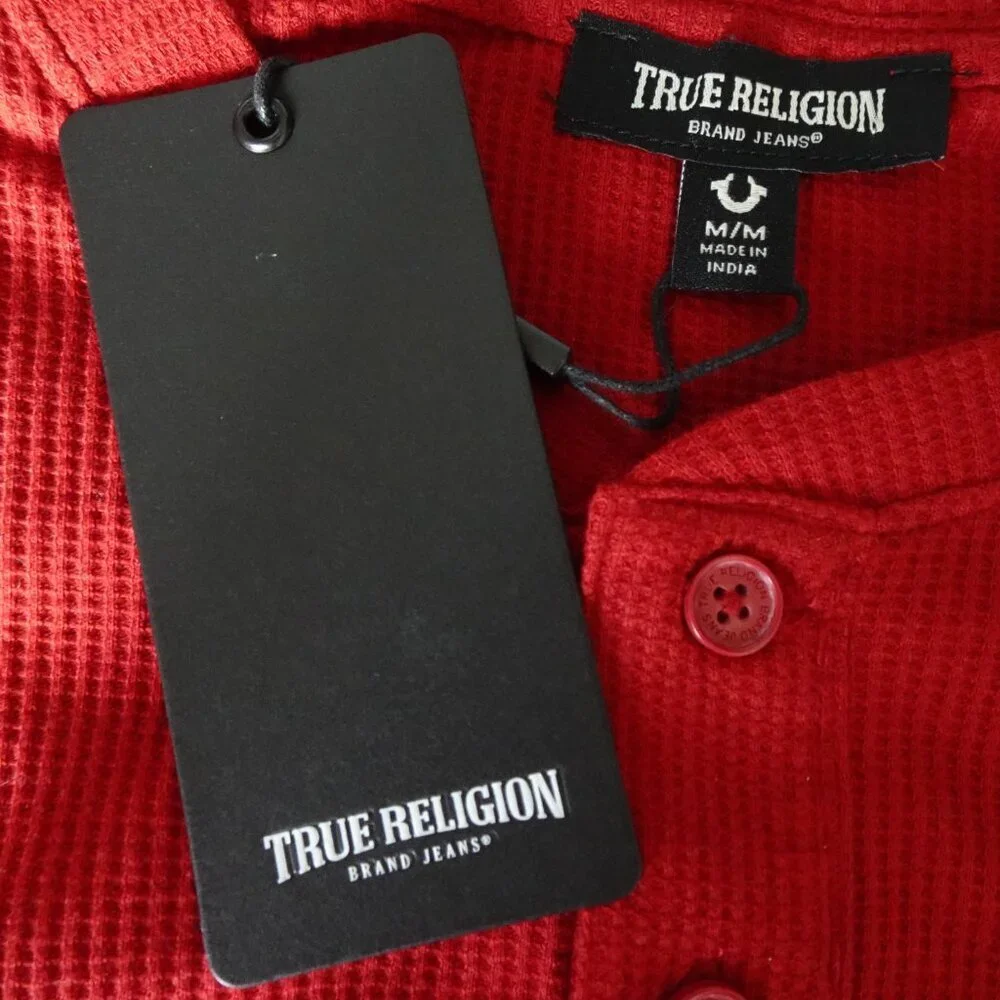True Religion Henley Shirt Men's Size M Red Long Sleeve Waffle Logo Cotton